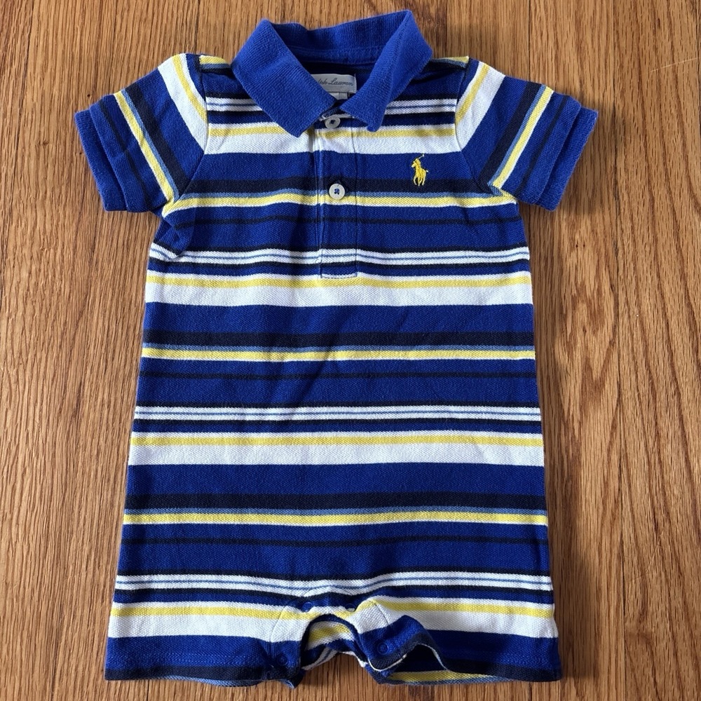 Polo Ralph Lauren Romper Boys Preppy Striped Blue Yellow 9 Months